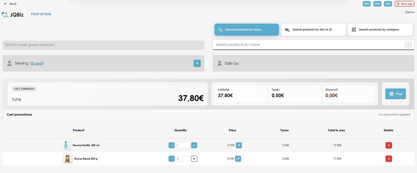 JQBiz POS demo with two products in the sale.