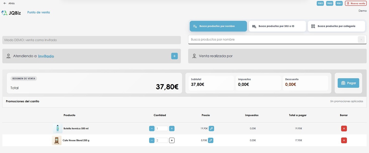 Demo del TPV de JQBiz con dos productos en la venta.